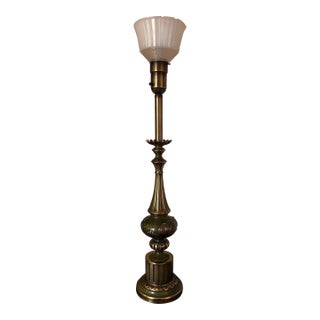 Vintage Rembrandt Hollywood Regency Torchiere Lamp in Olive Green & Antiqued Brass For Sale