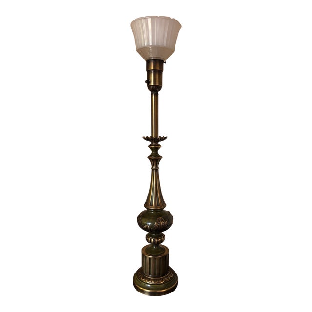 Vintage Rembrandt Hollywood Regency Torchiere Lamp in Olive Green & Antiqued Brass For Sale