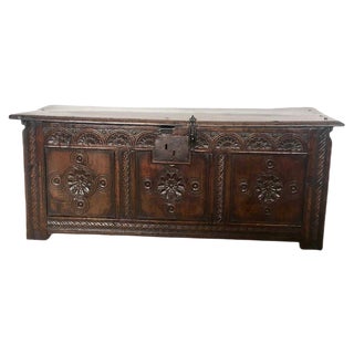 18th Century Antique Carved Oak Coffer For Sale