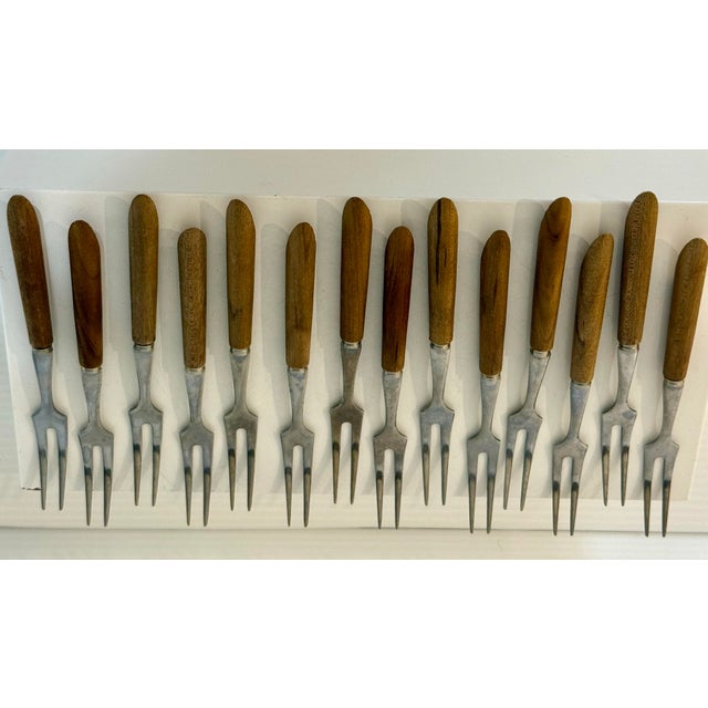 Vintage Japanese Mid-Century Stainless & Wood Cocktail Forks — Set of 12 For Sale - Image 9 of 12