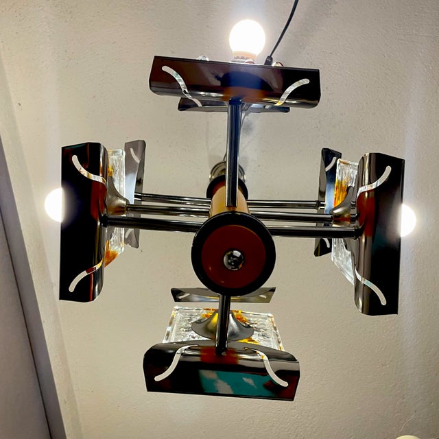 Metal Mid-Century Modern Four-Light Murano Glass Chandelier, 1970s For Sale - Image 7 of 13