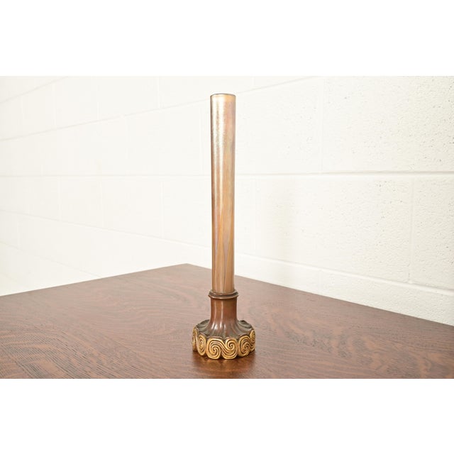 Art Deco Tiffany Studios New York Favrile Iridescent Art Glass Tall Bud Vase on Bronze Doré Stand For Sale - Image 3 of 12