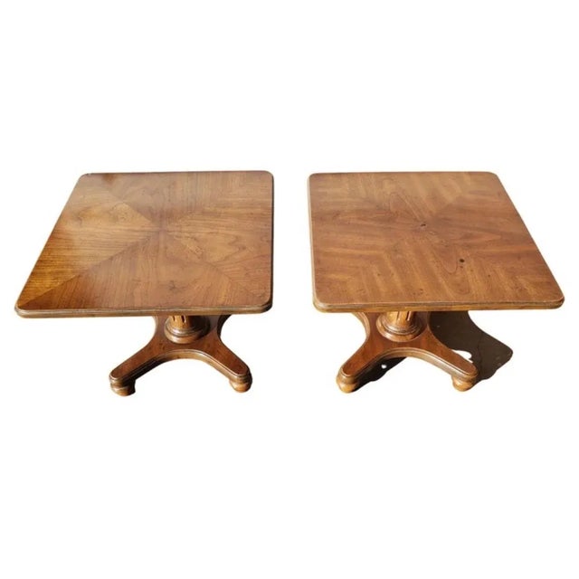 Heritage Furniture Walnut Book matched Top Pedestal Side Tables. Good vintage condition with wear consistent with age and...