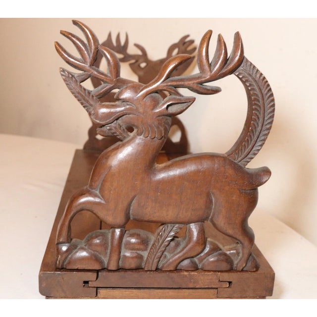 Antique Hand Carved Figural Deer Wood Expandable Collapsable Shelf Bookend For Sale - Image 4 of 11