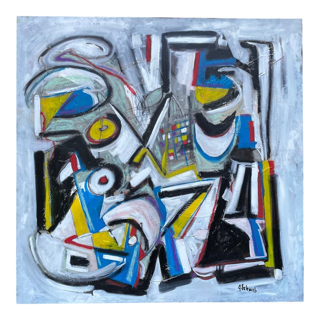 Listed John Schwab Original Oil Abstract Kandinsky Rothko Style Painting Cubism MCM For Sale