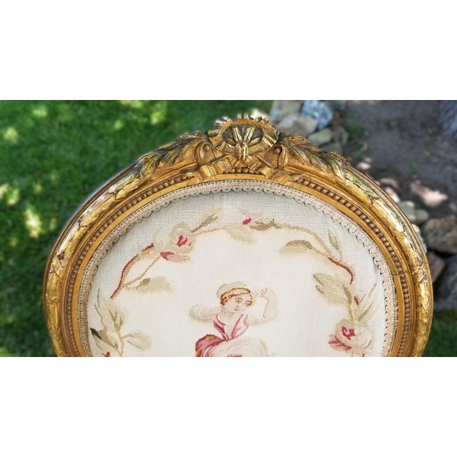 Late 19th C. Louis XVI Revival Giltwood Aubusson Tapestry Salon Suite | Canapé & Four Fauteuils For Sale - Image 13 of 18