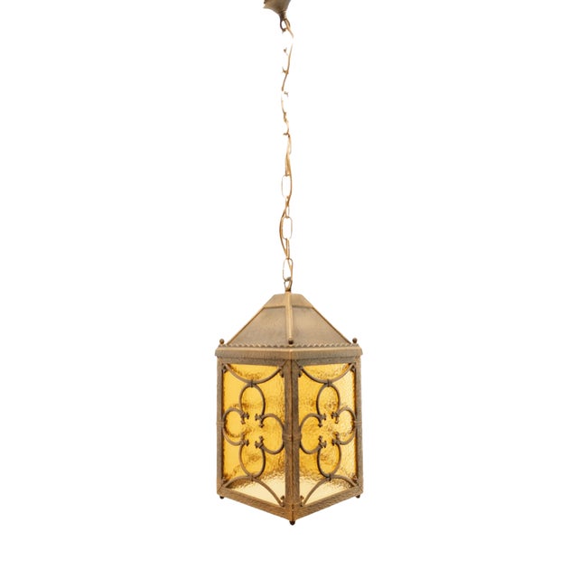 Brass Lantern Hanging Light in Amber Glass For Sale