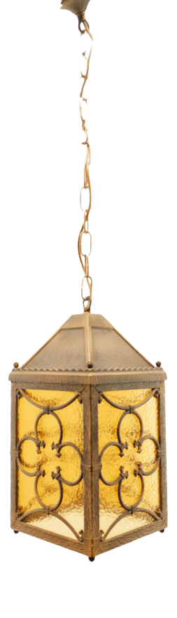 Brass Lantern Hanging Light in Amber Glass