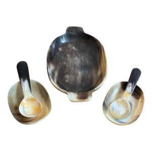 Vintage Hand Carved Horn Caviar Serving Dishes - Set of 5 Pcs. For Coastal, Natural, British Colonial & Palm Beach Regency Entertaining. See Pics!