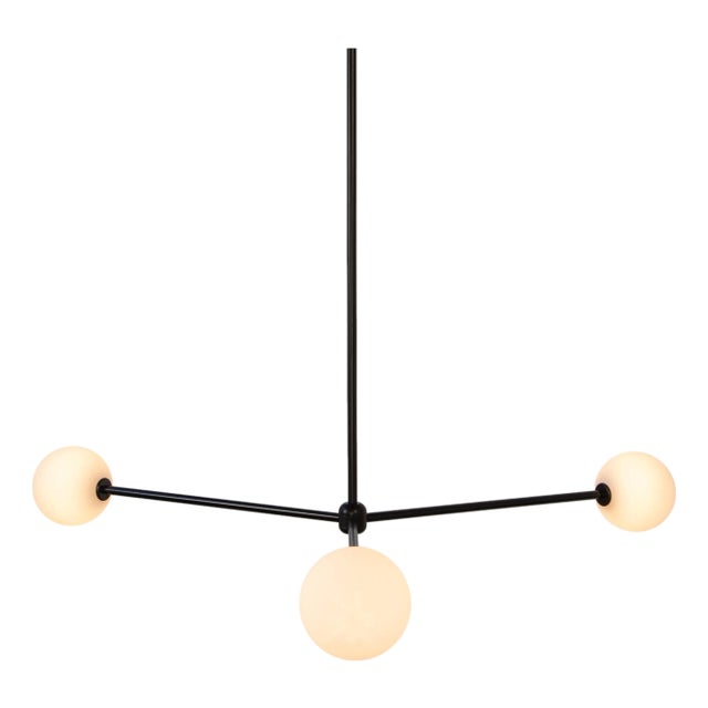 Globe Chandelier 3, Black, 39.25in H, 5 Inch Glass Globes, by Research.Lighting, Modern, Minimal Hanging Light For Sale