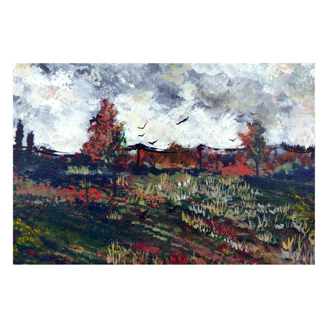 Vintage Landscape -- Blooming Wildflower Field Beautiful vintage landscape in dark blue, yellow, and red accents of a...