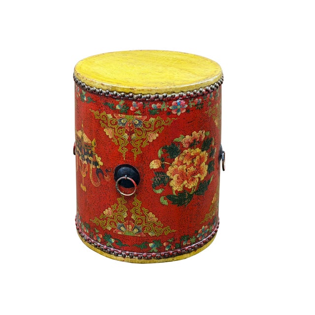 Asian Oriental Tibetan Style Red Auspicious Flower Motifs Drum Table For Sale - Image 3 of 10