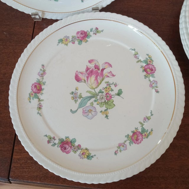 Shabby Chic 1970s Regall Vellum Rev-1 Floral Dinner Plates- Set of 7 For Sale - Image 3 of 8