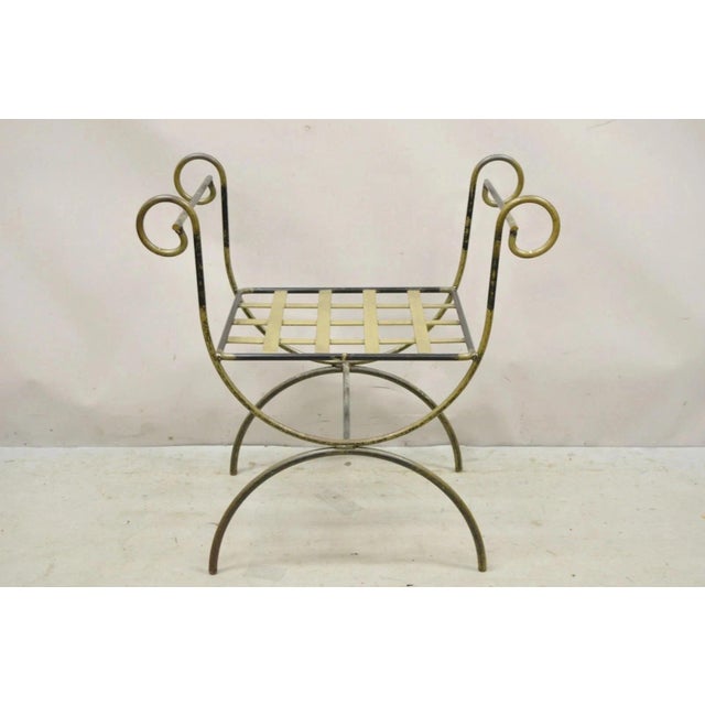 Vintage Neoclassical Style Wrought Iron Curule Savonarola X-Form Bench Chair For Sale - Image 10 of 10