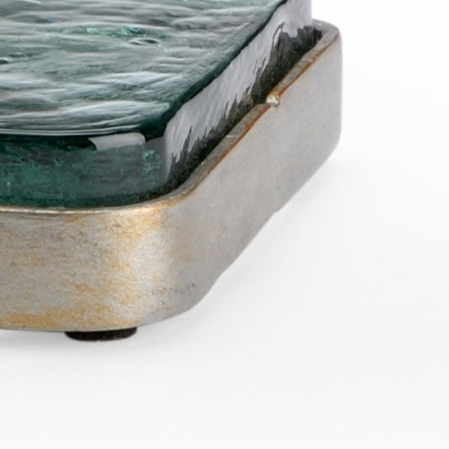 Recycled green glass on antique silver iron stand 9h x 7.8w x 5d