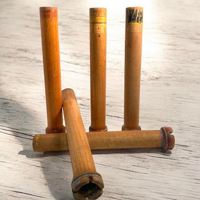 This listing is for five large wooden roving bobbins from the industrial revolution. These were reclaimed from a defunct...