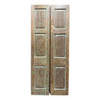 Antique Hand-Carved Double Wooden Doors – Distressed Green Rustic Barn Doors 80 For Sale