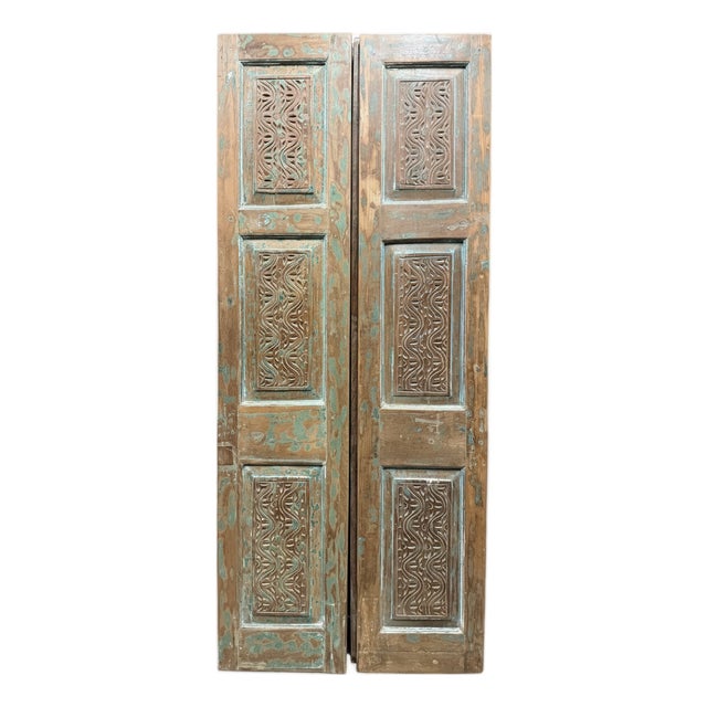 Antique Hand-Carved Double Wooden Doors – Distressed Green Rustic Barn Doors 80 For Sale
