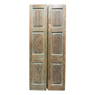 Antique Hand-Carved Double Wooden Doors – Distressed Green Rustic Barn Doors 80x30 For Sale