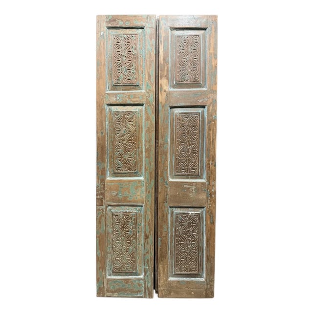 Antique Hand-Carved Double Wooden Doors – Distressed Green Rustic Barn Doors 80x30 For Sale