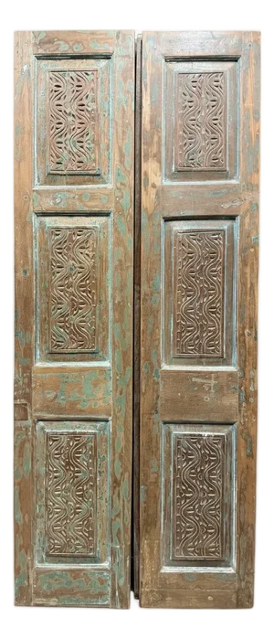 Antique Hand-Carved Double Wooden Doors – Distressed Green Rustic Barn Doors 80x30