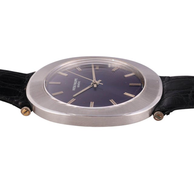 Patek Philippe 1970s Patek Philippe "Jumbo Ufo" Automatic Steel Purple 35mm Dial Leather Strap Watch For Sale - Image 4 of 9