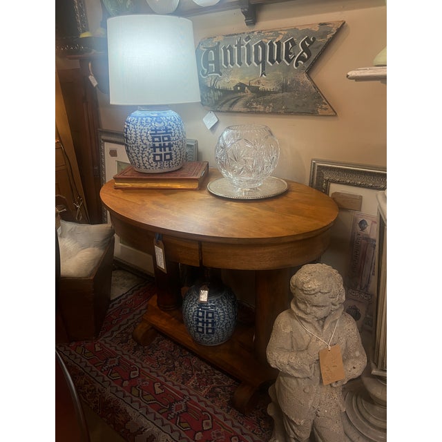 Brown Early 1900s Oval Double Pedestal Library Table For Sale - Image 8 of 12
