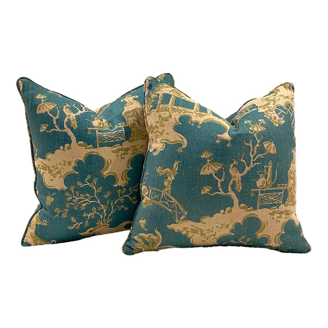 Pair of Custom Tailored No 9 Jim Thompson Linen Fabric Chinoiserie Style Decorative Pillows For Sale