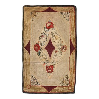 1890s Medallion Roses Beige Ground Folk Art Antique Amercian Hooked Small Rug For Sale