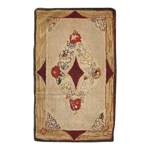 1890s Medallion Roses Beige Ground Folk Art Antique Amercian Hooked Small Rug For Sale