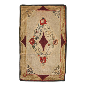 Inspirational Tan Beige Color With Special Florid and Geometric Design Antique Amercian Hooked Rug