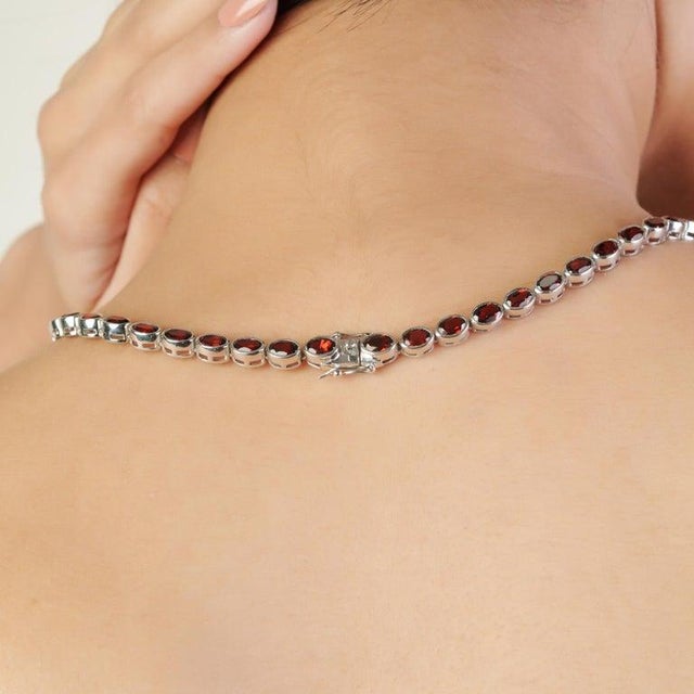 Caratandher Modern Oval Garnet Gemstone Tennis Necklace in Solid Silver For Sale - Image 9 of 12