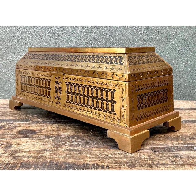 Wood Vintage Brass Inlaid Decorative Box For Sale - Image 7 of 12