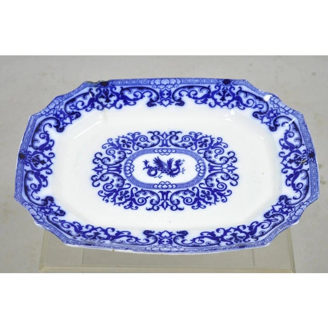 Antique Flow Blue and White Transferware Ironstone Platter Dish W Chinese Dragon For Sale - Image 12 of 12