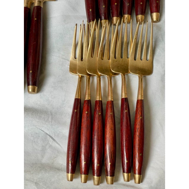 Mid-Century Modern Mid 20th Century Brass & Rosewood Flatware Set for 6 Knives Forks Spoons 24 PCS Silverware For Sale - Image 3 of 12