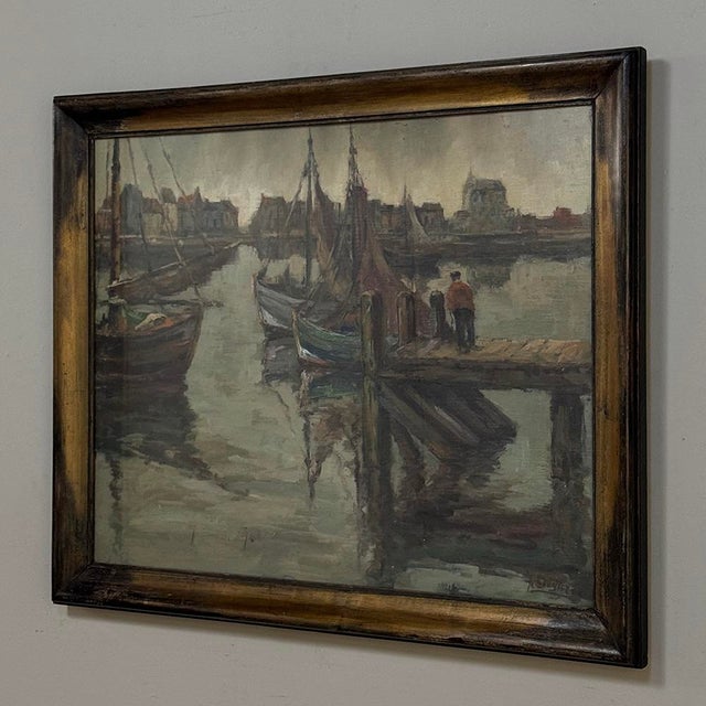 Antique Framed Oil Painting on Canvas by A. Sengier (1886-1964) 'Sailboats at the Quay' For Sale - Image 4 of 16