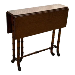 Newly Refinished Antique Drop-Leaf Tiger Oak Table With Faux Bamboo Legs
