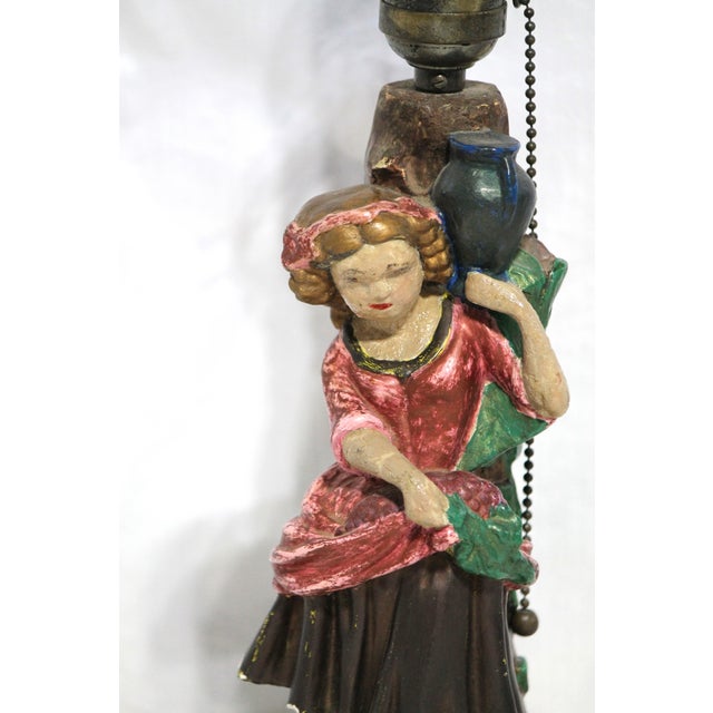 Sculpture Materials 1930s American Chalkware Lamp of a Lady With Pot. Original Paint, Cord and Pull Chain For Sale - Image 7 of 10