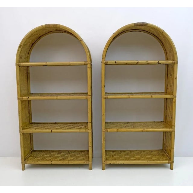 Beautiful pair of bookcases from the 1970s. The bookcases have four shelves, bamboo mosaic processing.