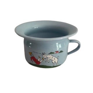 Mid 20th Century Blue Tin Child's Porridge Bowl With Humorous Theme, Czechoslovakia For Sale