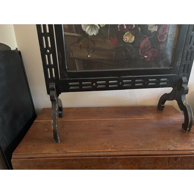 Vintage Victorian Fireplace Ebony Screen Featuring a Hand Painted Floral Arrangement on Canvas For Sale In Los Angeles - Image 6 of 7