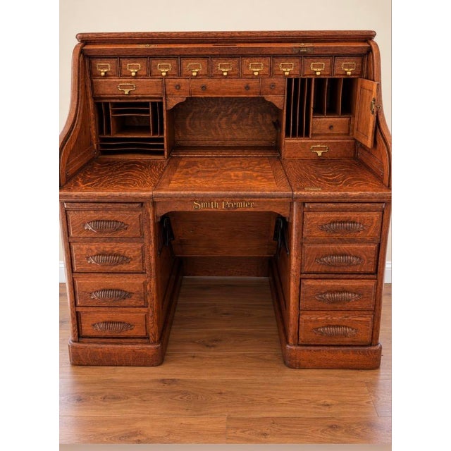 Very Special Antique Smith Premier Roll Top Desk | Quarter Sawn Oak Typewriter Desk | Victorian Office Furniture For Sale - Image 9 of 17