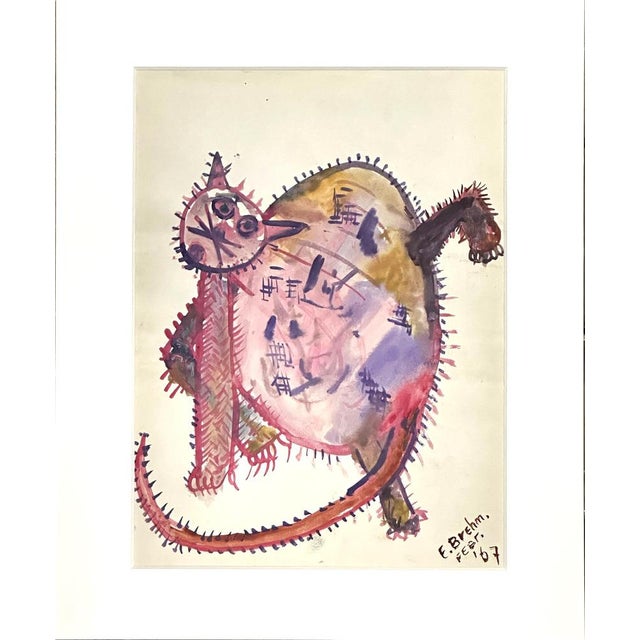 An expressive and characterful 1966 watercolor drawing by Dutch artist F. Brehm, depicting a dynamic cat. The composition...