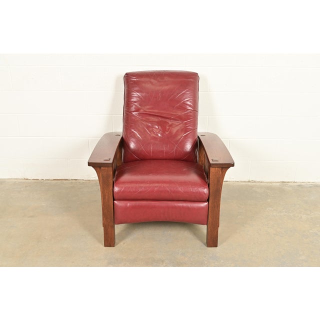 Mission Stickley Mission Oak Arts & Crafts Bow Arm Reclining Lounge Chair, Newly Refinished For Sale - Image 3 of 15