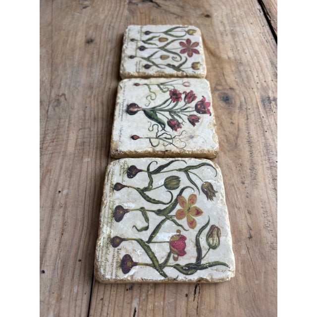 Stone Late 20th Century Verta Botanical Tulip Travertine Stone Coasters – Set of 3 For Sale - Image 7 of 11