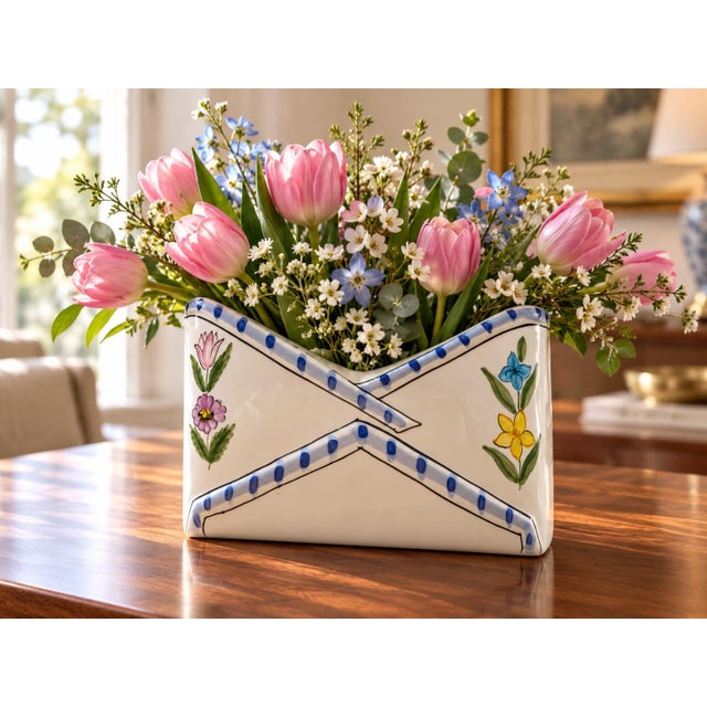 Beautiful vintage, hand-painted ceramic letter, mail holder or vase shaped like a folded envelope with pastel blue, yellow...