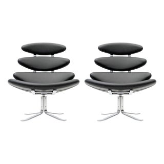 EJ5 Corona Lounge Chairs in Steel and Black Leather by Poul M. Volther for Erik Jørgensen, 1960s, Set of 2 For Sale