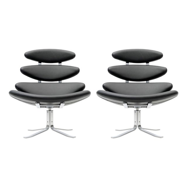 EJ5 Corona Lounge Chairs in Steel and Black Leather by Poul M. Volther for Erik Jørgensen, 1960s, Set of 2 For Sale