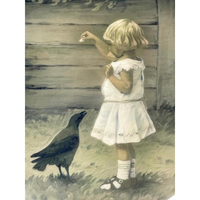 Unique porcelain wall plate by Bing & Grøndahl, Denmark 1902-1914 A wall plate with a scene of a girl feeding a bird in a...