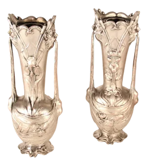 19th Century Art Nouveau Silver Metal Vases Signed Galien - a Pair